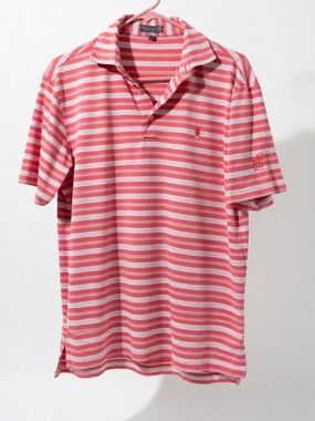 Peter Millar Summer Comfort pink and white striped men's golf polo shirt S